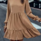 Light French Beige Frilled Collar Ruffled Shoulder Tiered Dress