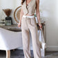 2 Piece Stripped V Neck Crop Sleeveless Button Front Vest Casual Wide Leg Pants with Pockets Outfit Set