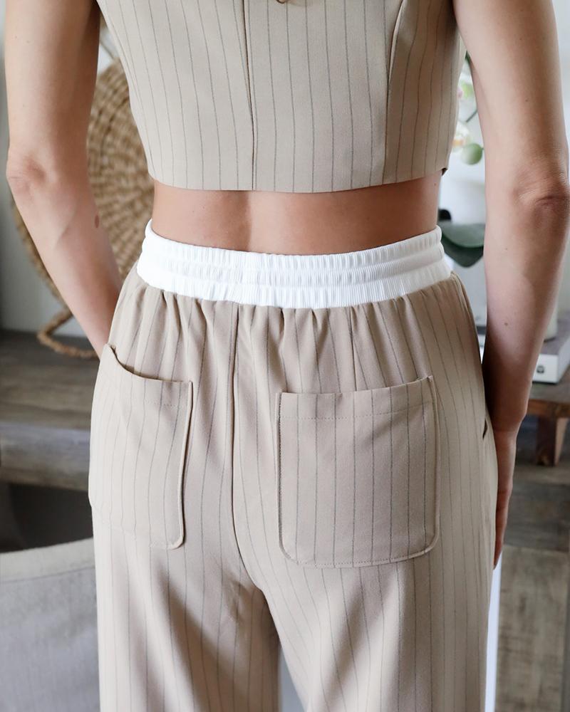 2 Piece Stripped V Neck Crop Sleeveless Button Front Vest Casual Wide Leg Pants with Pockets Outfit Set