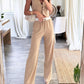 2 Piece Stripped V Neck Crop Sleeveless Button Front Vest Casual Wide Leg Pants with Pockets Outfit Set