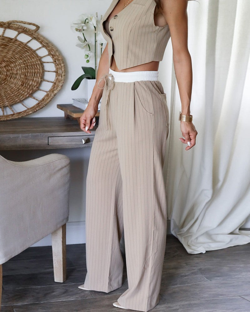 2 Piece Stripped V Neck Crop Sleeveless Button Front Vest Casual Wide Leg Pants with Pockets Outfit Set