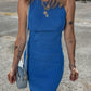 Dark Blue Solid Ribbed Knit Sheath Sleeveless Midi Sweater Dress