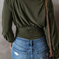 Moss Green Ruched Wrap V Neck Long Sleeve Bodysuit