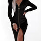 Velvet Fuzzy Trim Hooded Long Sleeve Zip Up Midi Dress