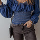 Dark Blue Smocked Ruffled Puff Sleeve V Neck Denim Blouse