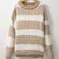 Brown Stripe Drop Shoulder Round Neck Loose Sweater