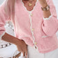 Pink Ribbed Knit Scalloped Edge Side Pockets Buttoned Cardigan