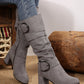 Dark Grey Suede Double Buckled Side Zipped Mid-calf Boots