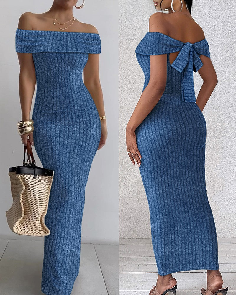 Off Shoulder Tied Detail Ribbed Maxi Dress Slim Fit Bodycon Dress