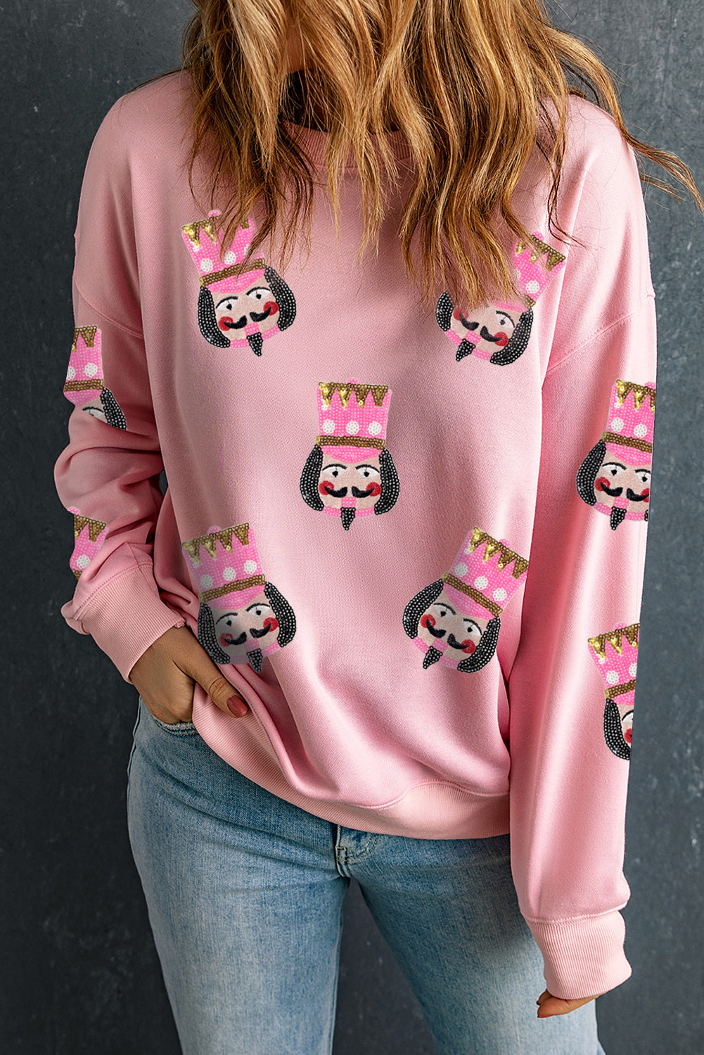 Pink Sequin Nutcracker Graphic Drop Shoulder Christmas Sweatshirt