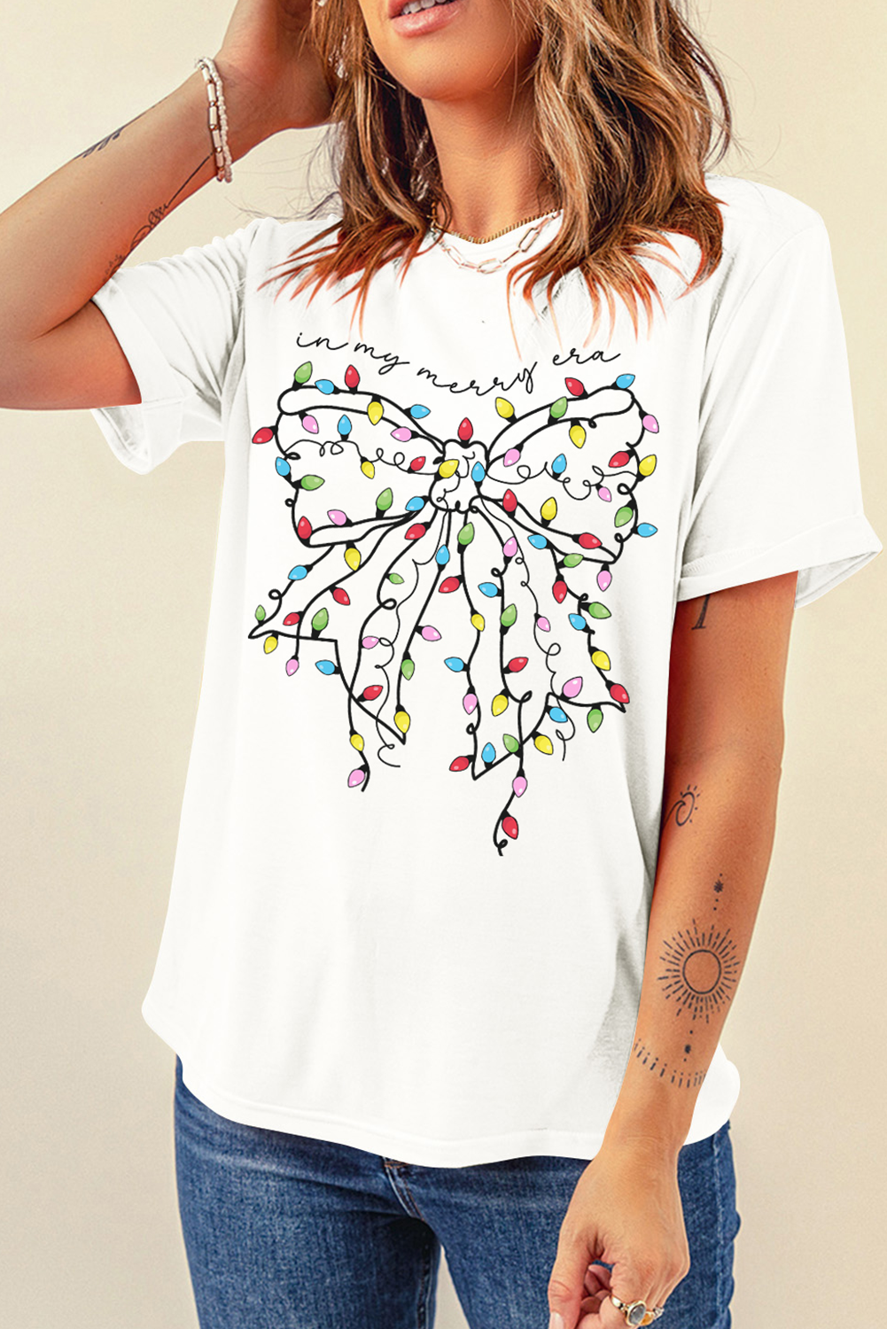 White Colored Light Bowknot Graphic Crewneck T Shirt