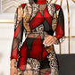 2 Piece Leopard Print Mock Neck Long Sleeve Mid Calf Dress Sheer Mesh Party Dress with Short Pants