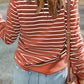 Red Striped Print Ribbed Trim Long Sleeve Top