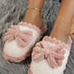 Fushia Bow Decor Color Block Ribbed Plush Slippers