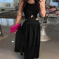 Halter Sleeveless Tied Detail Shirred Criss Cross Flared Dress Glamorous Evening Dress