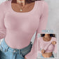 U Neck Built in Bra Long Sleeve Ribbed Top