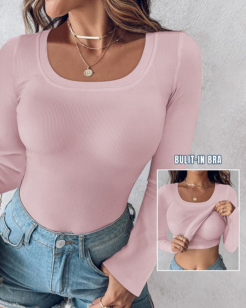 U Neck Built in Bra Long Sleeve Ribbed Top