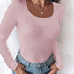 U Neck Built in Bra Long Sleeve Ribbed Top