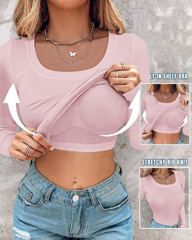 U Neck Built in Bra Long Sleeve Ribbed Top