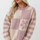 Orchid Petal Checkered Floral Print Striped Sleeve Sweater