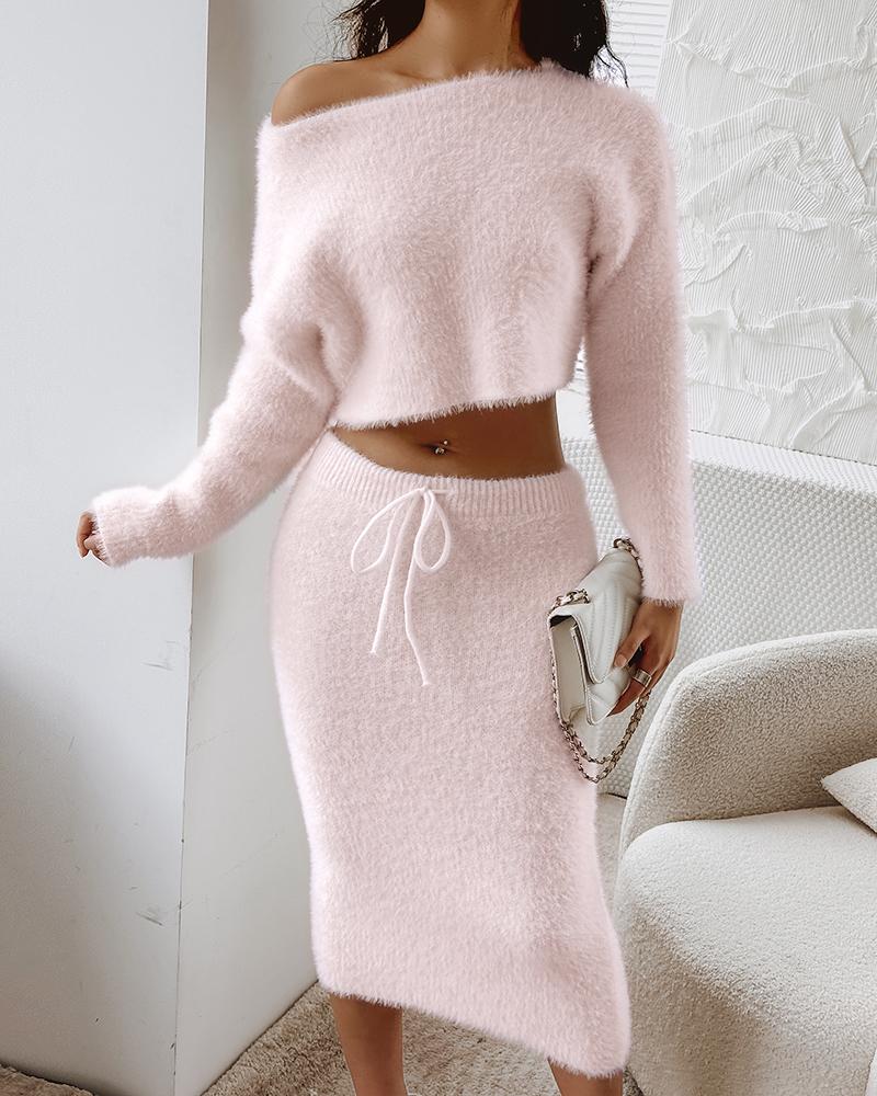 Skew Neck Fuzzy Knit Sweater & Skirt Set