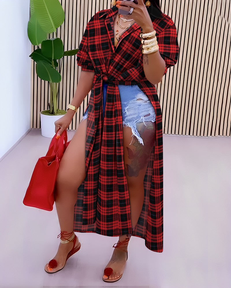 Plaid Print High Slit Tied Detail Longline Top