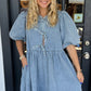 Dusk Blue Bowknot Bubble Sleeve Short Denim Dress