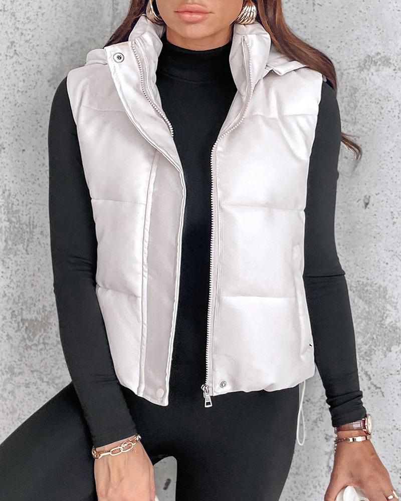 PU Leather Zip Up Pocket Design Hooded Vest Puffer Coat