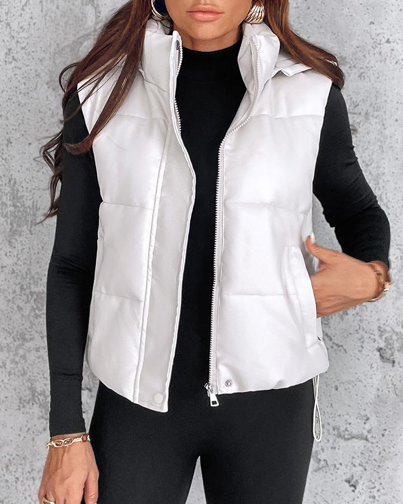 PU Leather Zip Up Pocket Design Hooded Vest Puffer Coat