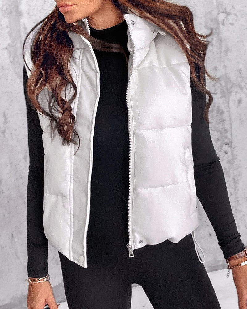 PU Leather Zip Up Pocket Design Hooded Vest Puffer Coat