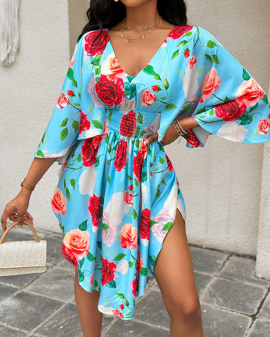 Floral Print Shirred V Neck Dress