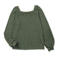 Green Scoop Neck Puff Sleeve Waffle Knit Top