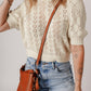 Beige Hollowed Pattern Knit Short Puff Sleeve Sweater