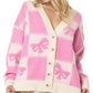 Pink Bowknot Checkered Pattern V Neck Drop Shoulder Button Up Cardigan