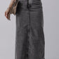 Dark Grey Denim Raw Hem Back Split High Waist Long Skirt