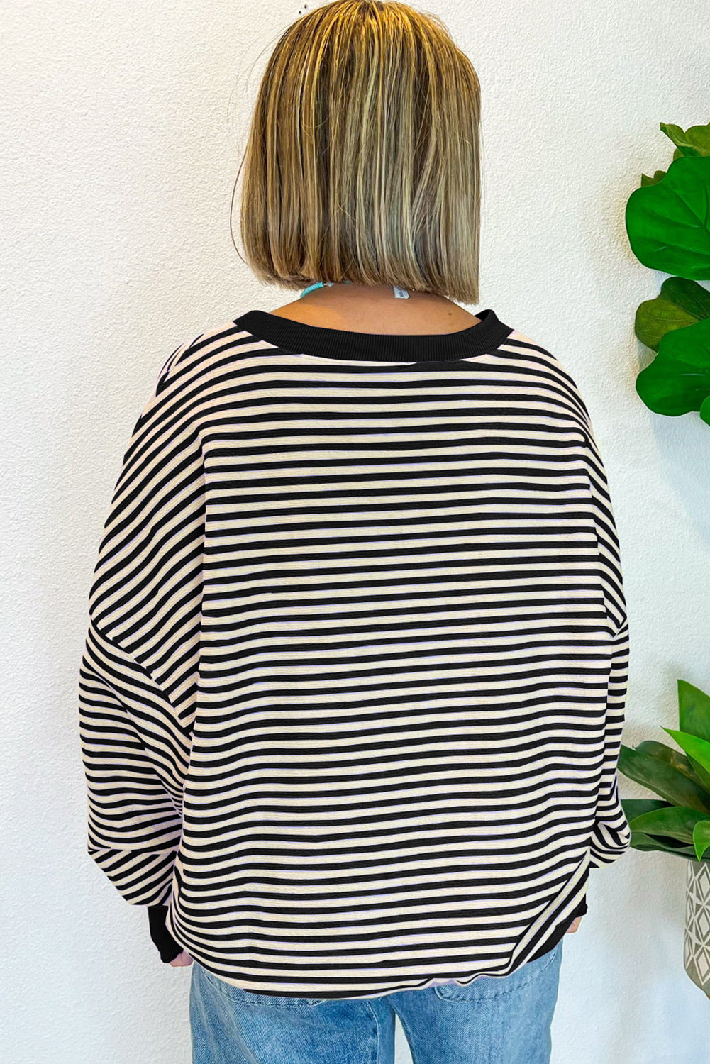 Black Stripe Loose Drop Shoulder Long Sleeve Top