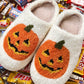 White Halloween Pumpkin Print Plush Slippers (Runs Small, Size Up)