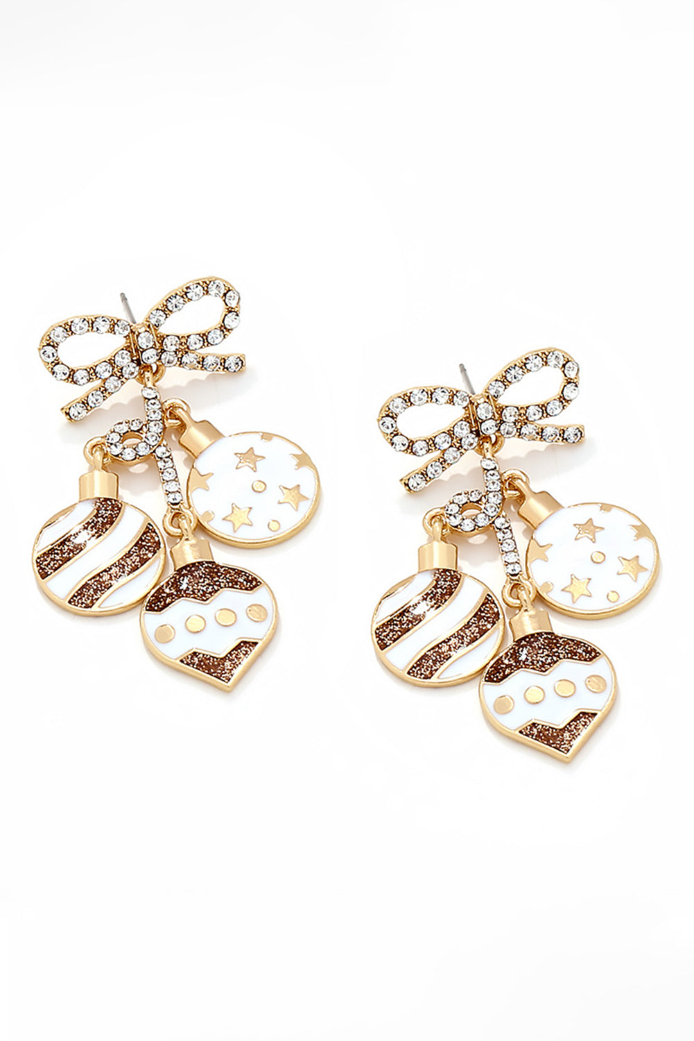 White Rhinestone Bow Circular Pendant Drop Earrings