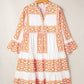 Orange Geometric Print Ruffle Tiered Button V Neck Dress