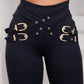 Criss Cross Buckled Decor High Waist Skinny Pants