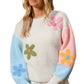 Multicolour Floral Embroidered Colorblock Fuzzy Drop Shoulder Sweater