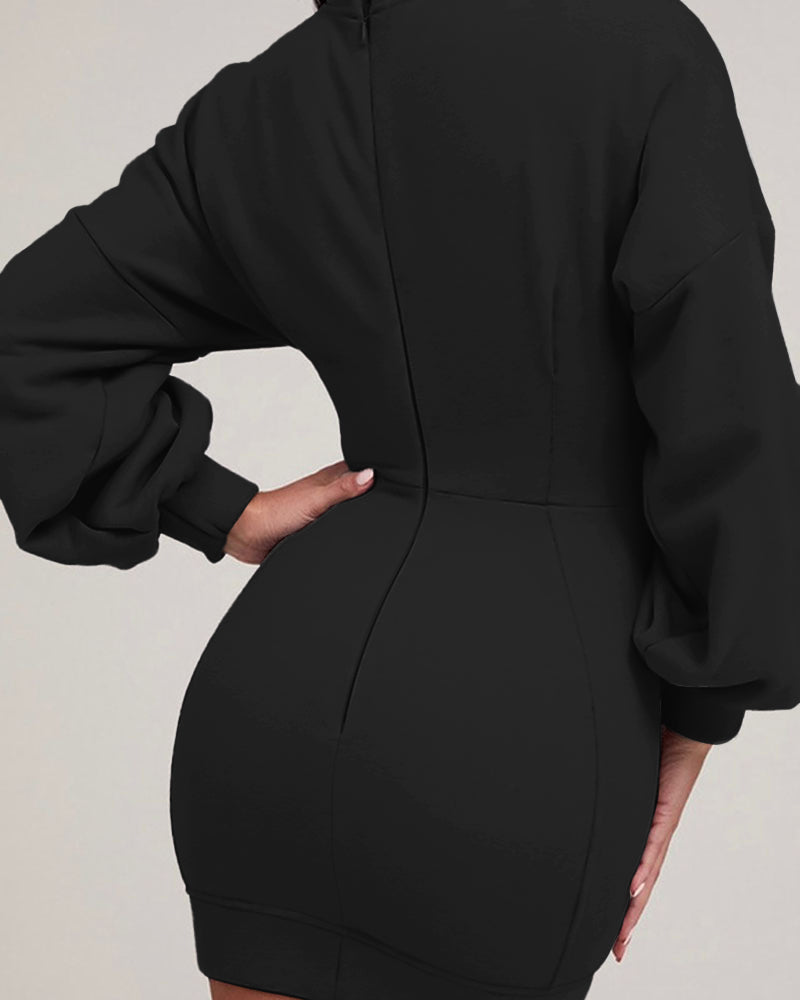 O neck Lantern Sleeve Mini Bodycon Sweatshirt Dress