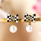 Black Checkered Bow Knot Pearl Pendant Stud Earrings