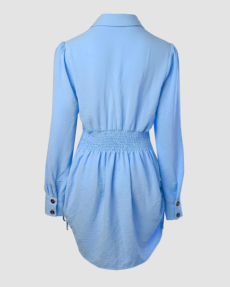 Side Drawstring Buttoned Roll Up Sleeve Shirt Dress