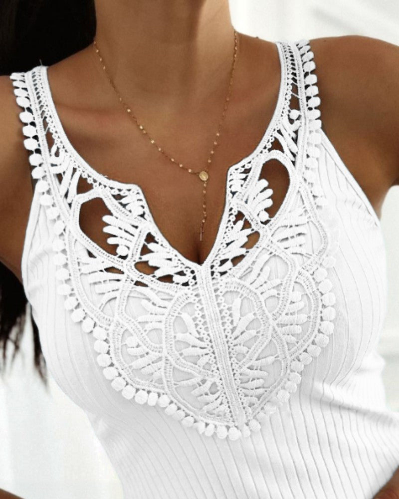 Contrast Lace V Neck Sleeveless Knit Top Casual Slim Fit Tank