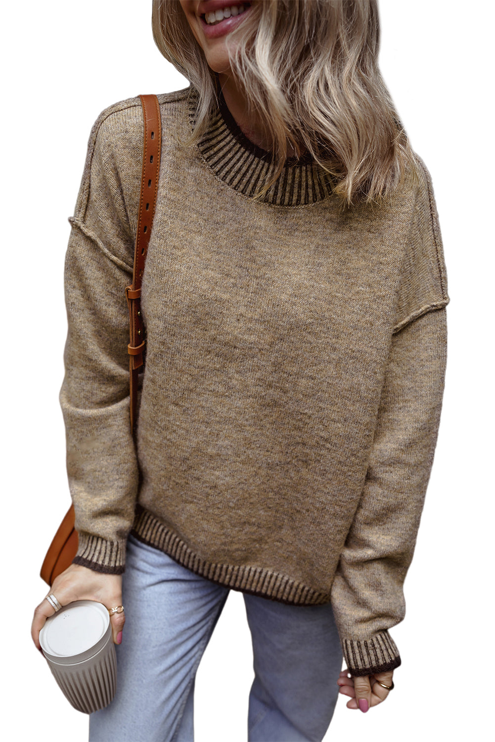 Pale Khaki Contrast Trim Mock Neck Drop Shoulder Sweater