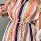 White Multicolor Striped Cuffed Sleeve Tassel Tied Shirt Maxi Dress