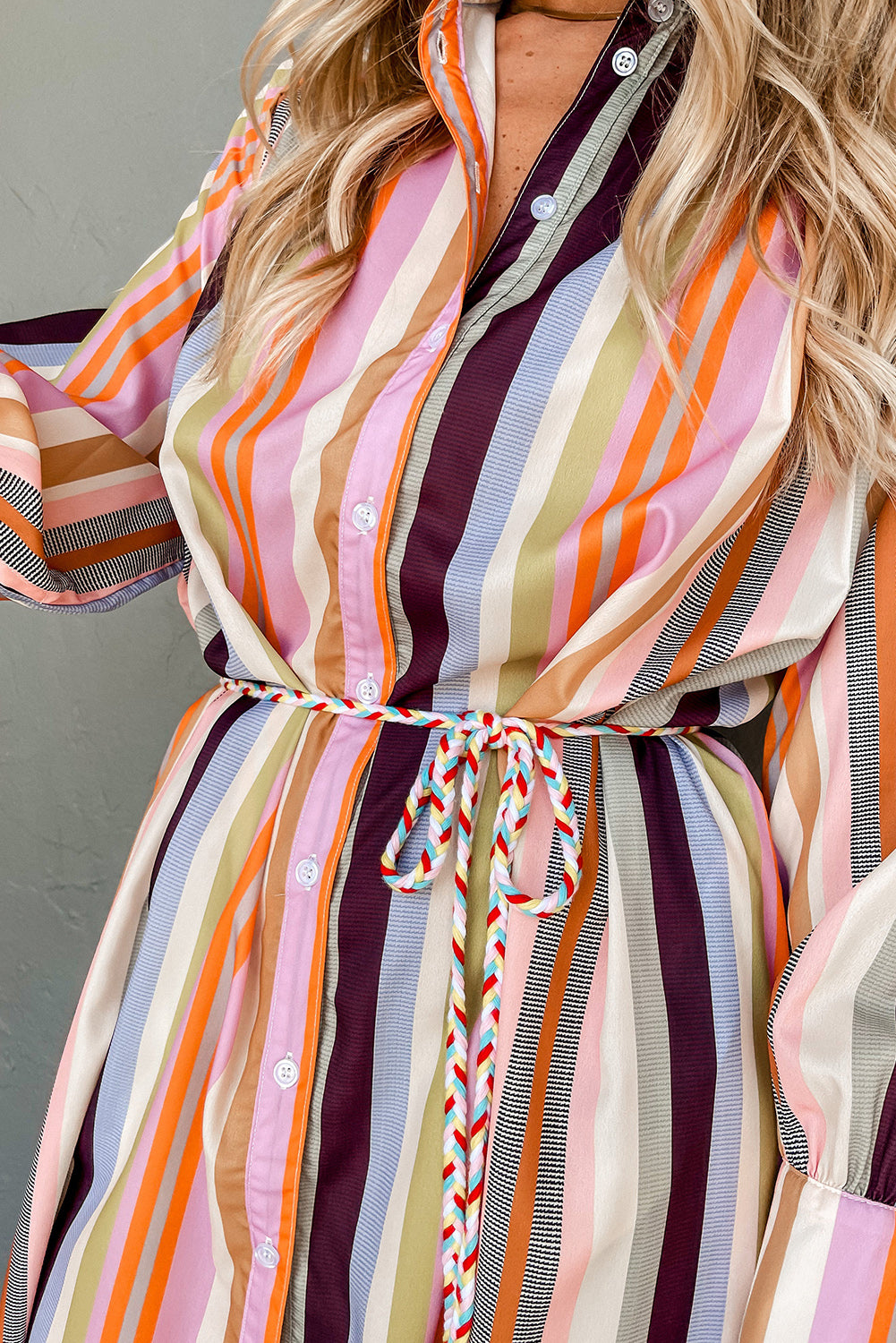 White Multicolor Striped Cuffed Sleeve Tassel Tied Shirt Maxi Dress