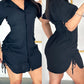 Turn down Collar Short Sleeve Button Front Dress Casual Drawstring Stechy Waist Mini Dress