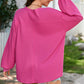 Bright Pink Waffle V Neck Long Sleeve Drop Shoulder Loose Blouse